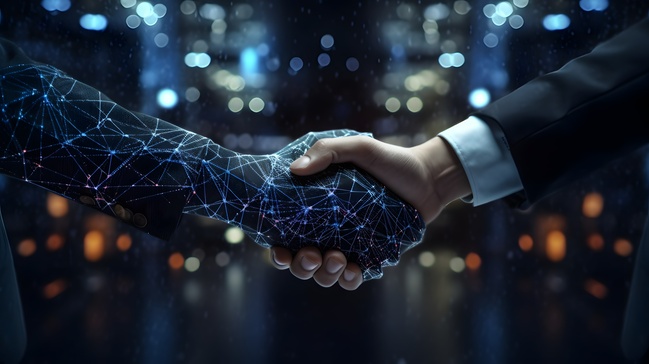 AI handshake with a businessman, neural network, office, commerce, marketing, generated by AI